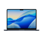 Obraz przedstawia laptop z wyświetlaczem Retina, na którym widoczna jest abstrakcyjna, niebiesko-żółta grafika. Laptop ma cienkie ramki i charakterystyczne wycięcie na kamerę u góry ekranu.