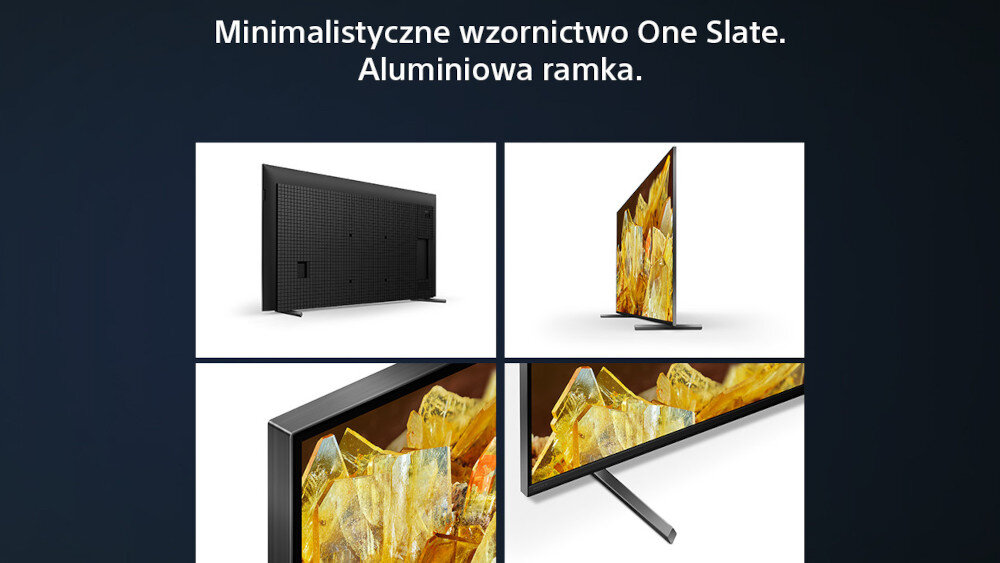 Obraz przedstawia cztery ujęcia telewizora z napisem: \'Minimalistyczne wzornictwo One Slate. Aluminiowa ramka.\'.