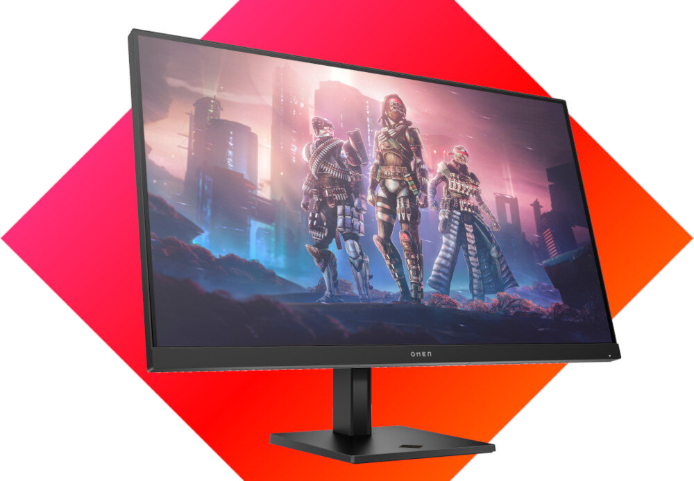 Monitor z wyświetlaczem przedstawiającym trzech futurystycznie ubranych postaci na tle miasta. Na dolnej ramce widoczne jest logo \'omen\'.