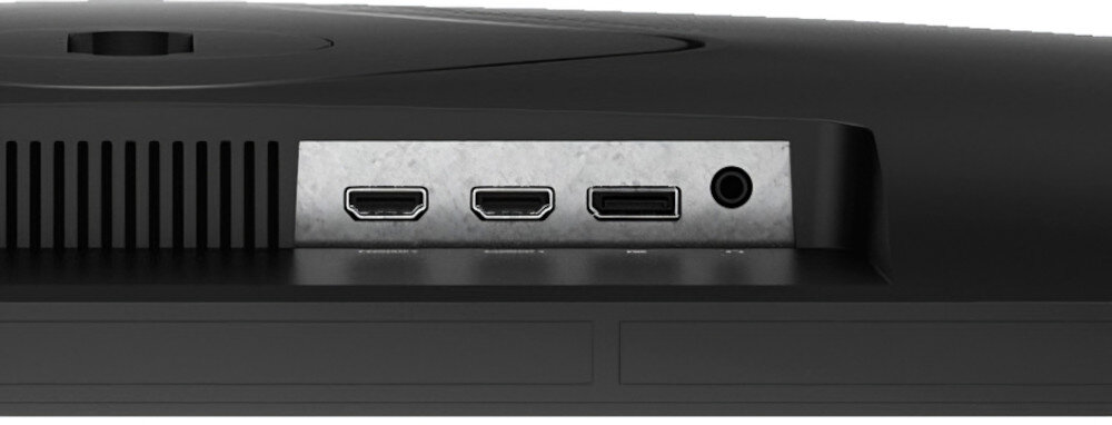 Obraz przedstawia tylny panel monitora z trzema portami HDMI, jednym portem DisplayPort i jednym gniazdem audio. Panel jest wbudowany w czarną obudowę monitora.
