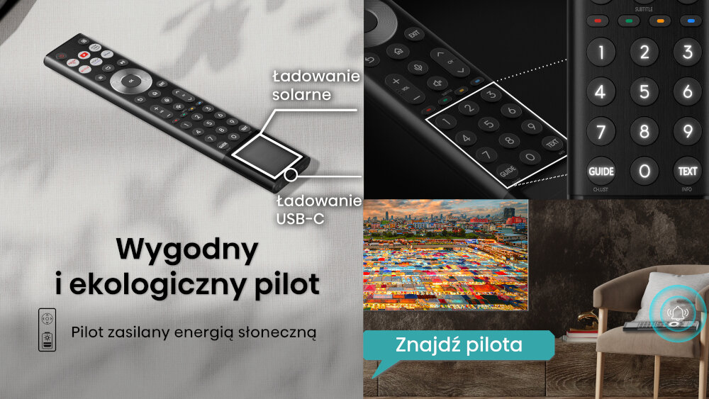 Obraz przedstawia pilot z funkcją ładowania solarnego i USB-C oraz napis \'Wygodny i ekologiczny pilot. Pilot zasilany energią słoneczną\'. W prawym dolnym rogu znajduje się zdjęcie salonu z telewizorem i napisem \'Znajdź pilota\'.
