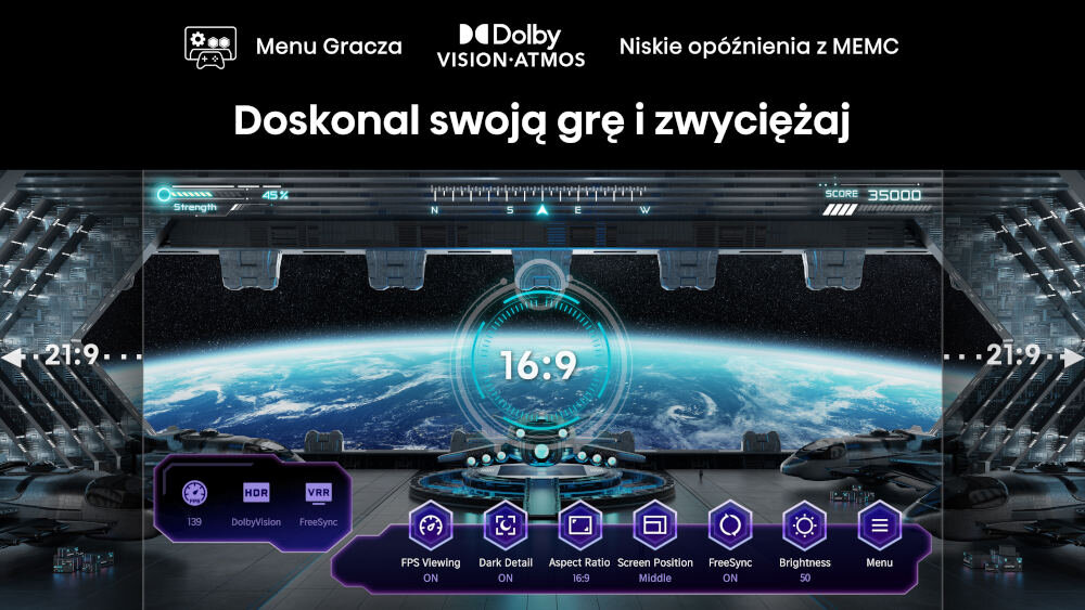 Obraz przedstawia interfejs użytkownika z widokiem na kosmos przez okno statku kosmicznego, z centralnym napisem \'16:9\'. Na dole ekranu znajdują się ikony z napisami: HDR, DolbyVision, FreeSync, FPS Viewing ON, Dark Detail, Aspect Ratio 16:9, Screen Position Middle, FreeSync ON, Brightness 50, Menu.