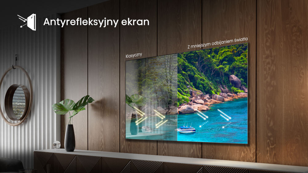 Na obrazie widać telewizor z podziałem ekranu na część klasyczną i z mniejszym odbijaniem światła. W górnym lewym rogu znajduje się tekst \'Antyrefleksyjny ekran\'.