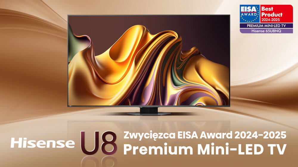 Obraz przedstawia telewizor z abstrakcyjną grafiką na ekranie. Na dole widnieje napis: \'Hisense U8 Zwycięzca EISA Award 2024-2025 Premium Mini-LED TV\'.
