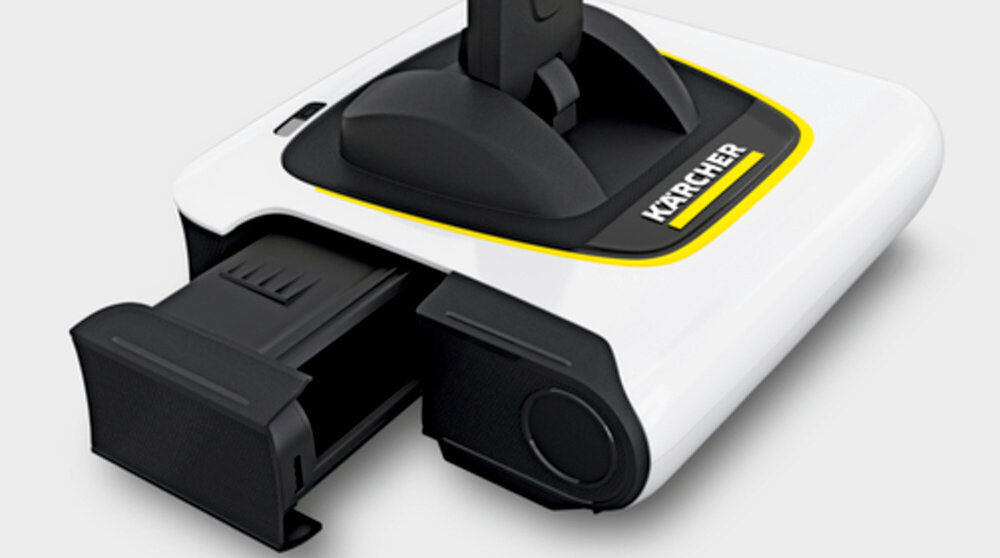 Na obrazie widoczna jest biała szczotka elektryczna z czarnymi elementami i logo \'KARCHER\'.