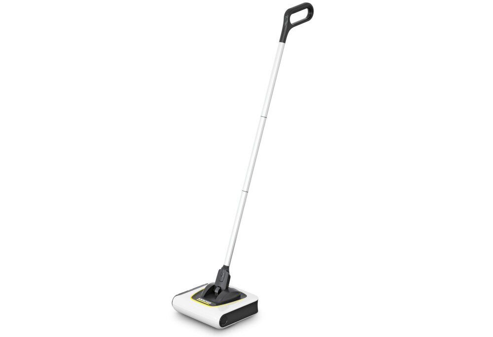 Elektryczna szczotka z białą podstawą i czarnym uchwytem, z widocznym logo KARCHER na podstawie. Produkt ma długi, biały trzonek zakończony ergonomicznym uchwytem.