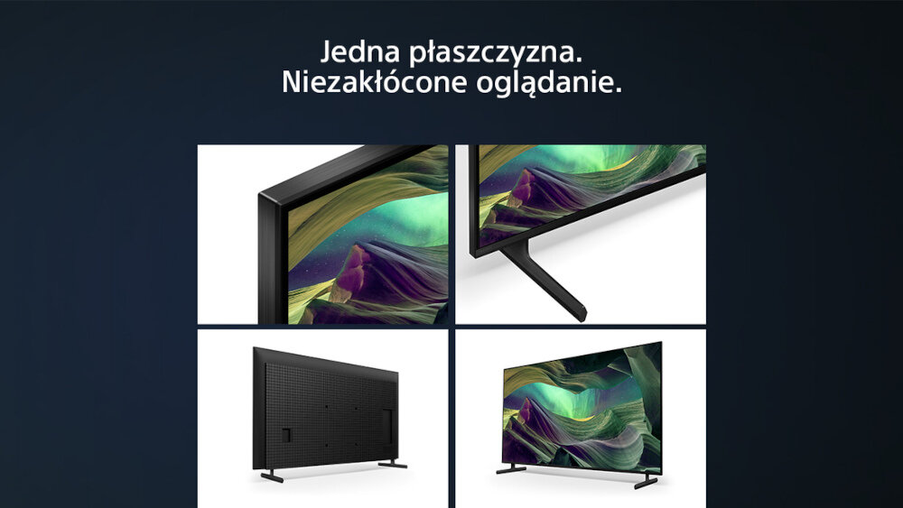 Obraz przedstawia cztery ujęcia telewizora z cienką ramką i kolorowym ekranem. Na górze widnieje tekst: \'Jedna płaszczyzna. Niezakłócone oglądanie.\'