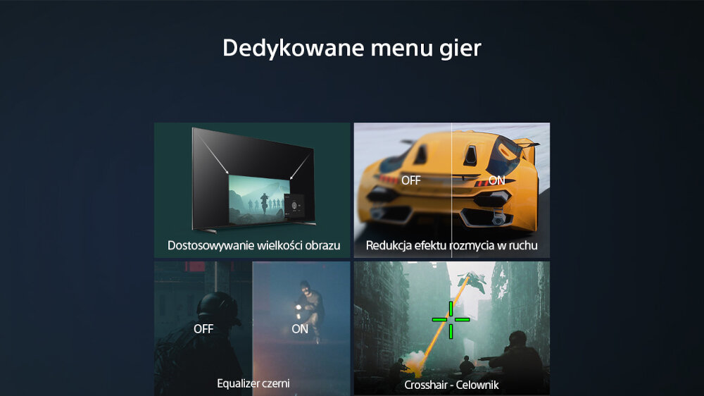 Obraz przedstawia cztery funkcje telewizora w dedykowanym menu gier: Dostosowywanie wielkości obrazu, Redukcja efektu rozmycia w ruchu, Equalizer czerni oraz Crosshair - Celownik. Każda funkcja jest zilustrowana odpowiednim obrazem i oznaczeniem ON/OFF.