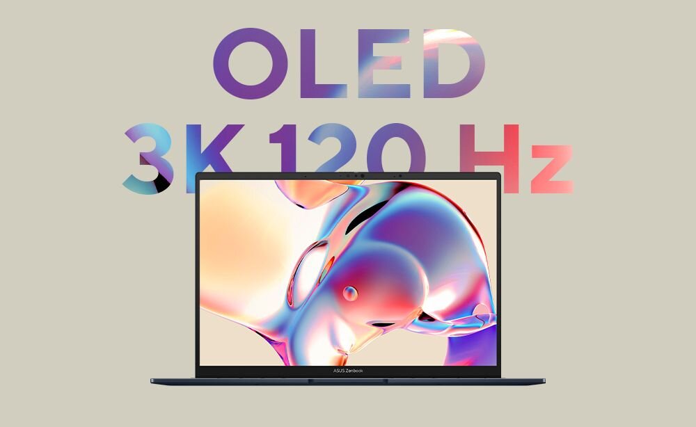 Na obrazie widoczny jest laptop z wyświetlaczem prezentującym abstrakcyjną grafikę w jasnych kolorach. Nad laptopem znajduje się tekst: \'OLED 3K 120 Hz\'.