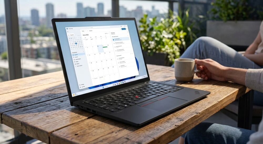 Laptop Lenovo ThinkPad wyświetla kalendarz i harmonogram spotkań podczas organizacji pracy biurowej w biurze