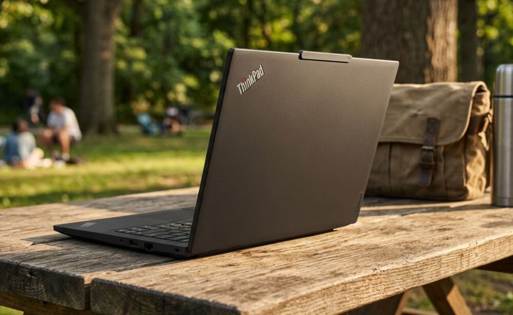 Laptop Lenovo ThinkPad z zamkniętą obudową stoi na drewnianym stole w parku podczas mobilnej pracy i podróży