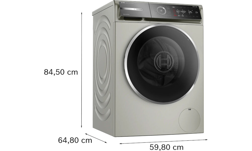 Pralka w kolorze srebrnym z czarnym, okrągłym frontem i panelem sterowania na górze. Wymiary: 84,50 cm wysokości, 64,80 cm głębokości, 59,80 cm szerokości.