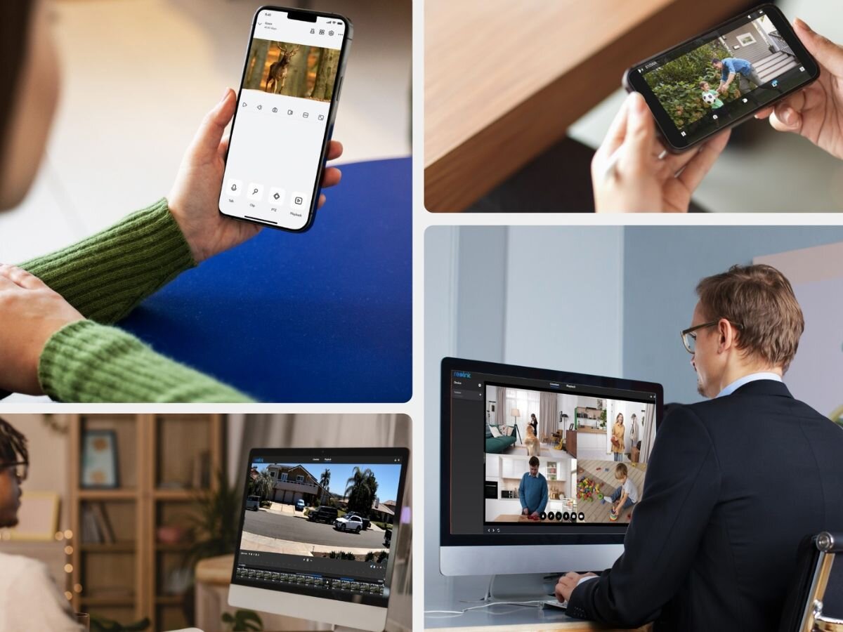 Na obrazie widać osoby korzystające z różnych urządzeń elektronicznych, takich jak smartfony i komputery, na których wyświetlane są obrazy z kamer monitoringu. Na ekranach widoczne są różne sceny zewnętrzne i wewnętrzne, przedstawiające domy i ogrody.
