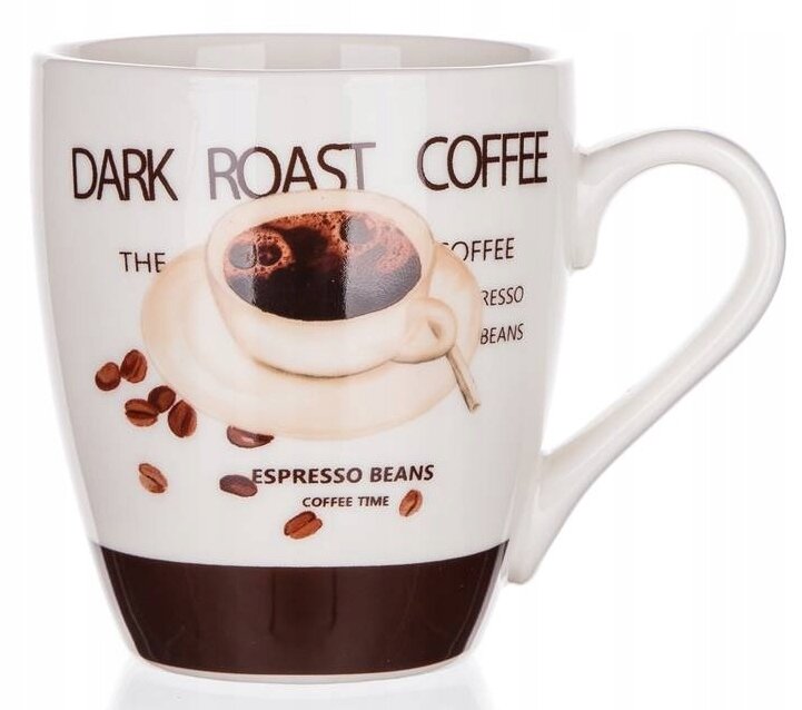 Biały kubek z nadrukiem przedstawiającym filiżankę kawy i ziarna kawy. Na kubku widnieje tekst: \'DARK ROAST COFFEE\', \'ESPRESSO BEANS\', \'COFFEE TIME\'.