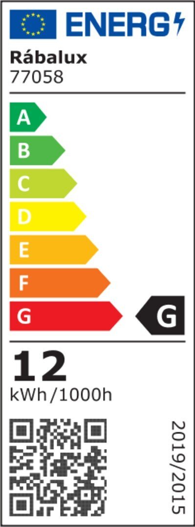 Etykieta energetyczna z logo UE i napisem \'Rábalux 77058\'. Klasa energetyczna G, zużycie 12 kWh/1000h, kod QR na dole.