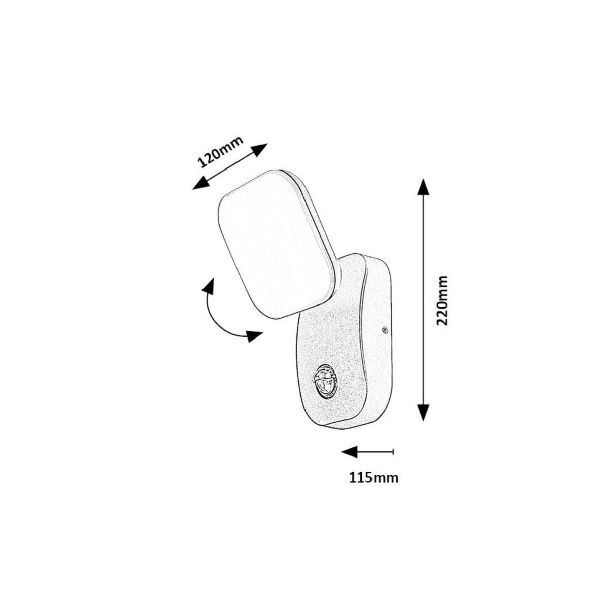 Schemat kinkietu zewnętrznego LED z czujnikiem ruchu i zmierzchu, z wymiarami 120mm, 115mm i 220mm. Widoczny jest symbol producenta na obudowie.