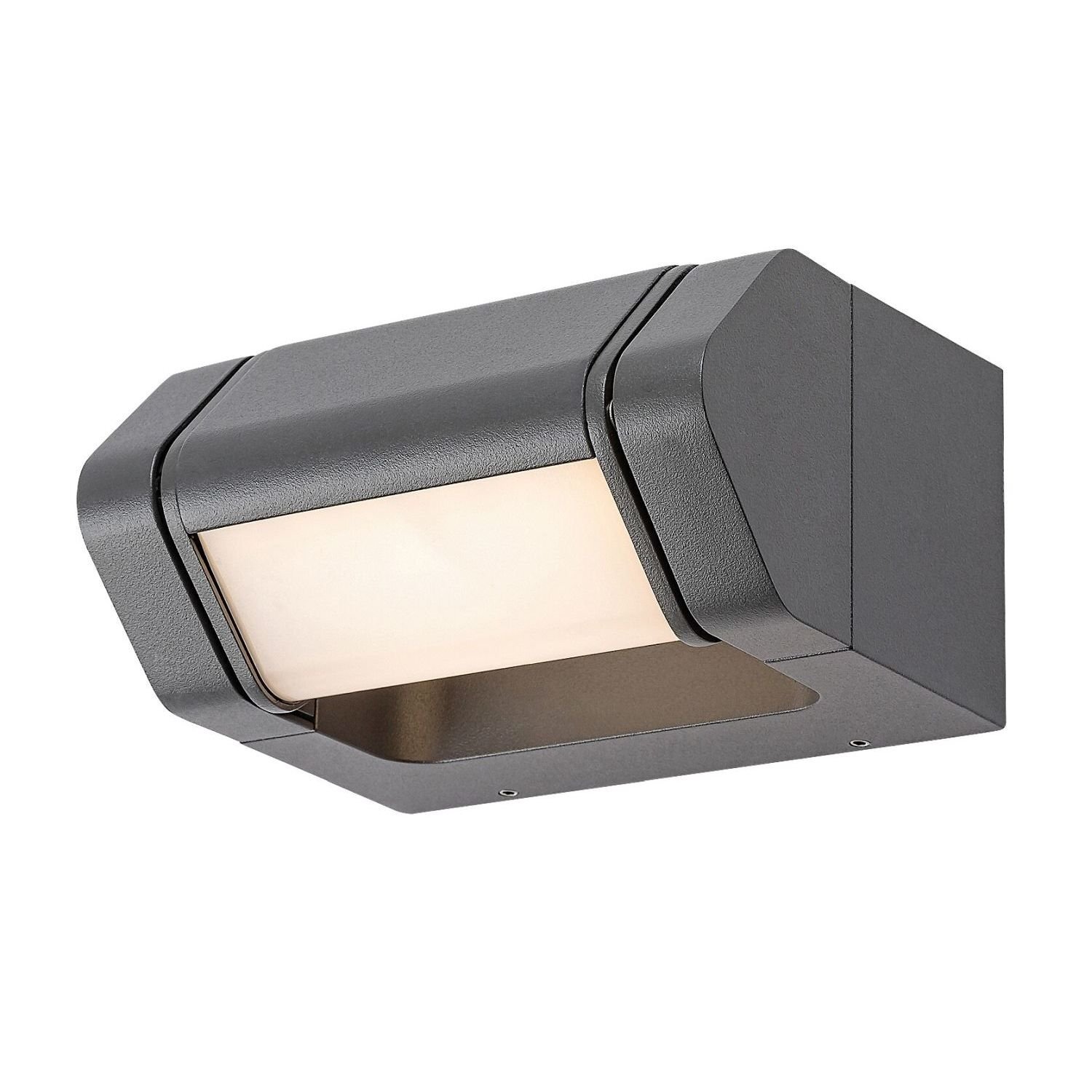 Lampa ścienna zewnętrzna LED w kolorze antracytowym z prostokątnym kloszem emitującym ciepłe światło. Obudowa ma nowoczesny, geometryczny kształt.