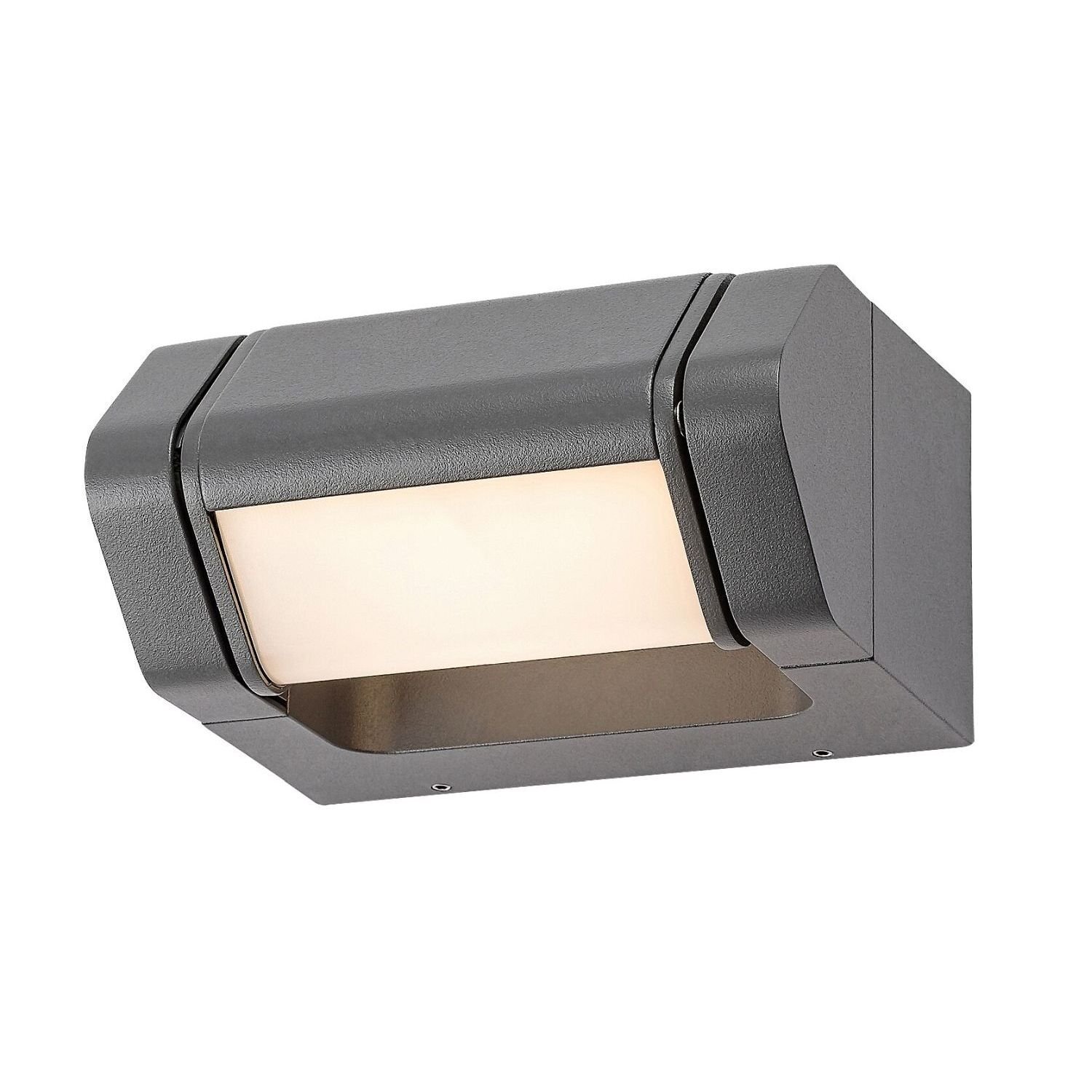 Lampa ścienna zewnętrzna w kolorze antracytowym z prostokątnym, mlecznym kloszem. Obudowa ma nowoczesny, geometryczny kształt.