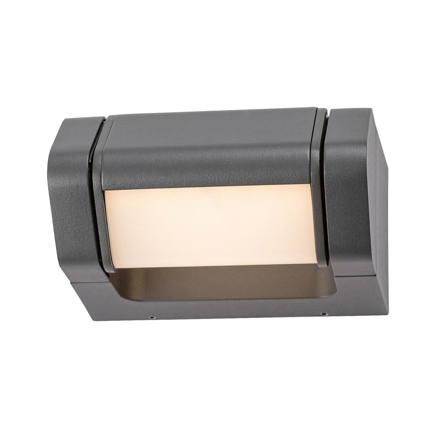 Lampa ścienna zewnętrzna LED w kolorze antracytowym z prostokątnym kloszem emitującym ciepłe światło. Obudowa ma nowoczesny design i jest wykonana z materiału odpornego na warunki atmosferyczne.