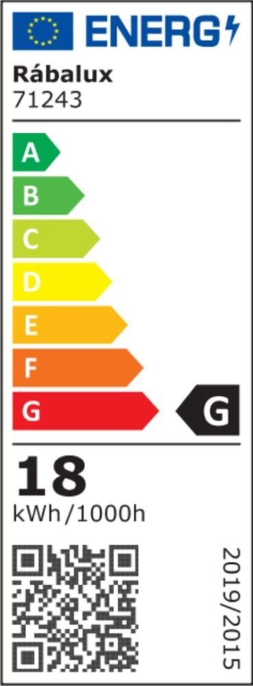Etykieta energetyczna z logo UE i napisem \'Rábalux 71243\'. Klasa energetyczna G, zużycie energii 18 kWh/1000h, kod QR na dole.