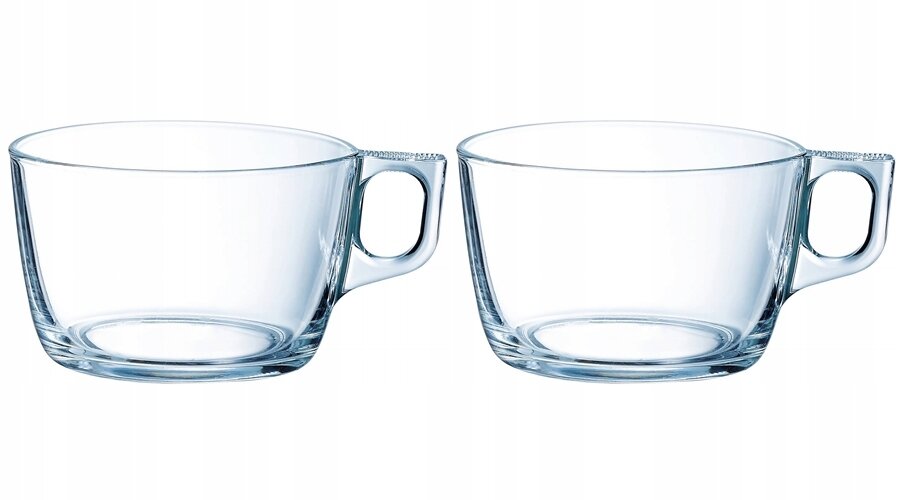 Dwie przezroczyste filiżanki z uchwytami, każda o pojemności 500 ml.