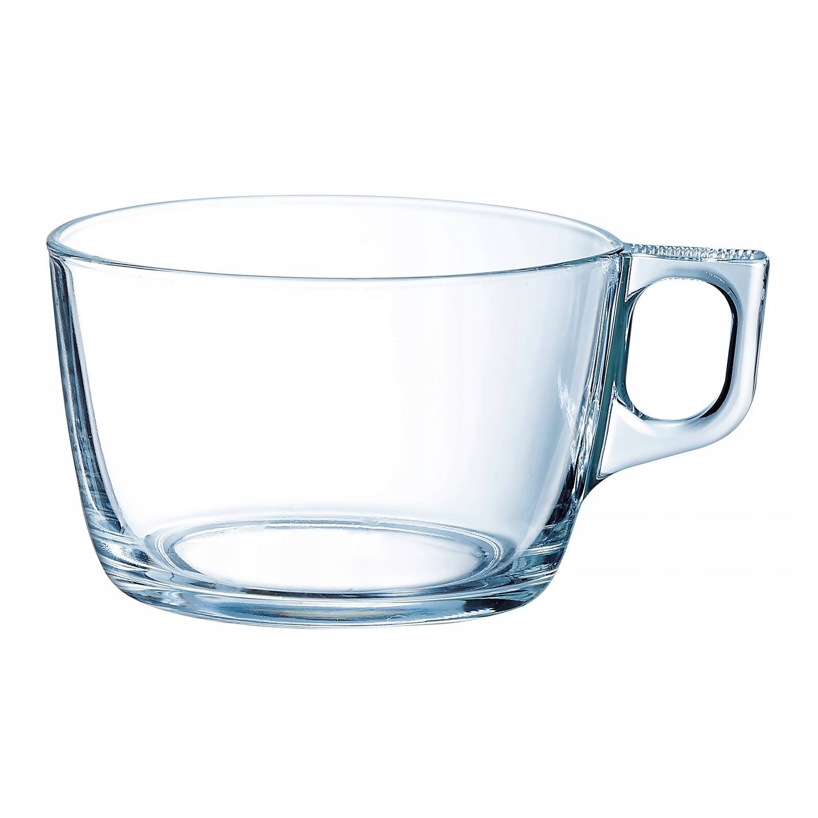 Przezroczysta szklanka z uchwytem, wykonana z gładkiego szkła. Produkt ma prosty, nowoczesny design.