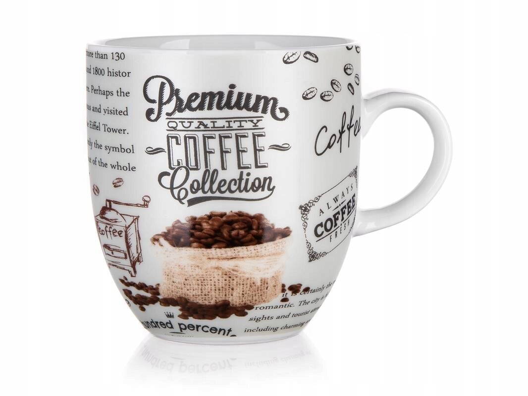 Biała filiżanka z nadrukiem przedstawiającym ziarna kawy i teksty, takie jak \'Premium Quality Coffee Collection\'. Na filiżance widoczny jest również obrazek worka z ziarnami kawy.