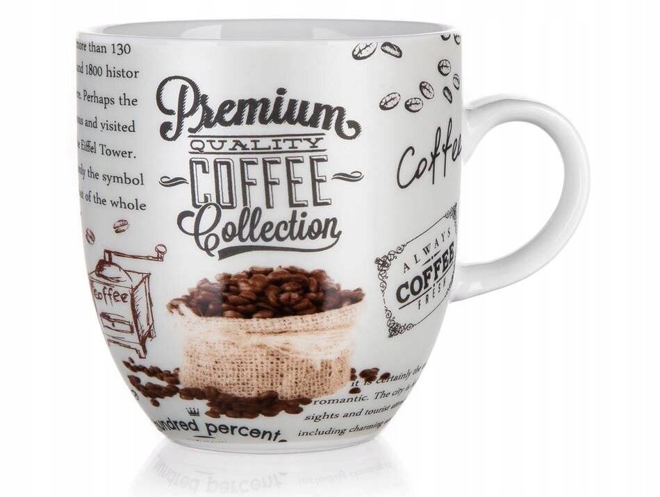 Biała filiżanka z nadrukiem przedstawiającym ziarna kawy i teksty, takie jak \'Premium Quality Coffee Collection\' oraz \'Always Coffee Fresh\'.