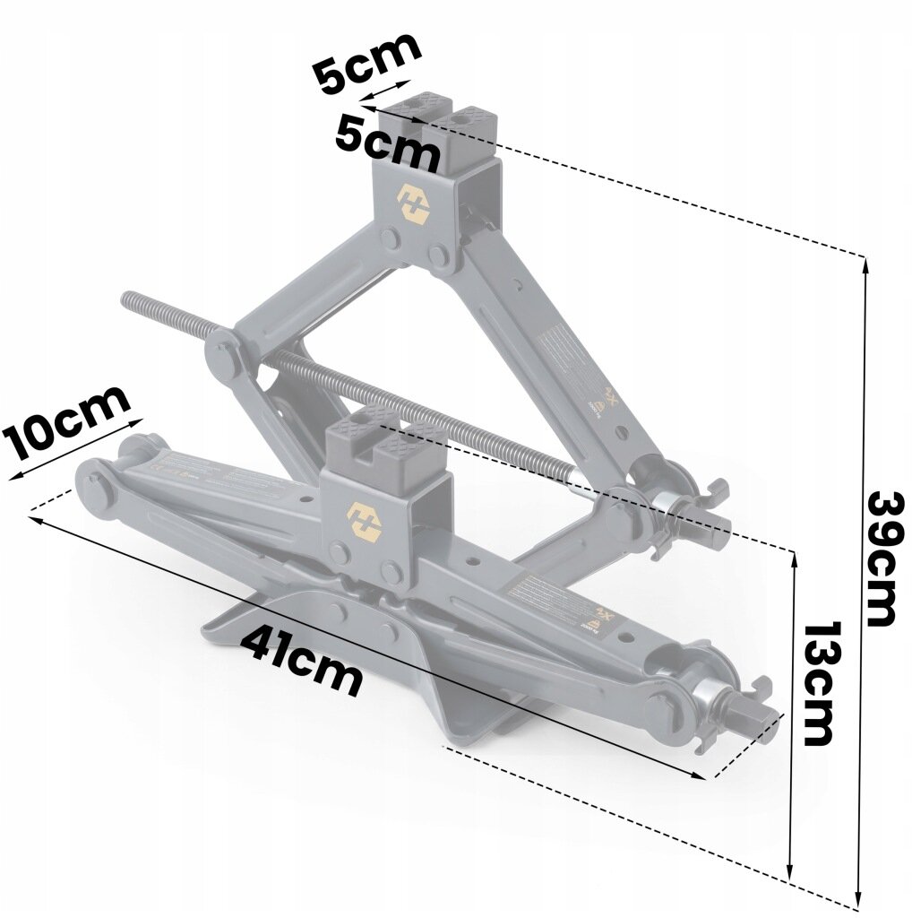 Na obrazie znajduje się podnośnik samochodowy trapezowy z oznaczeniami wymiarów: 5 cm, 10 cm, 13 cm, 39 cm i 41 cm. Widoczne jest logo producenta w formie symbolu na podnośniku.