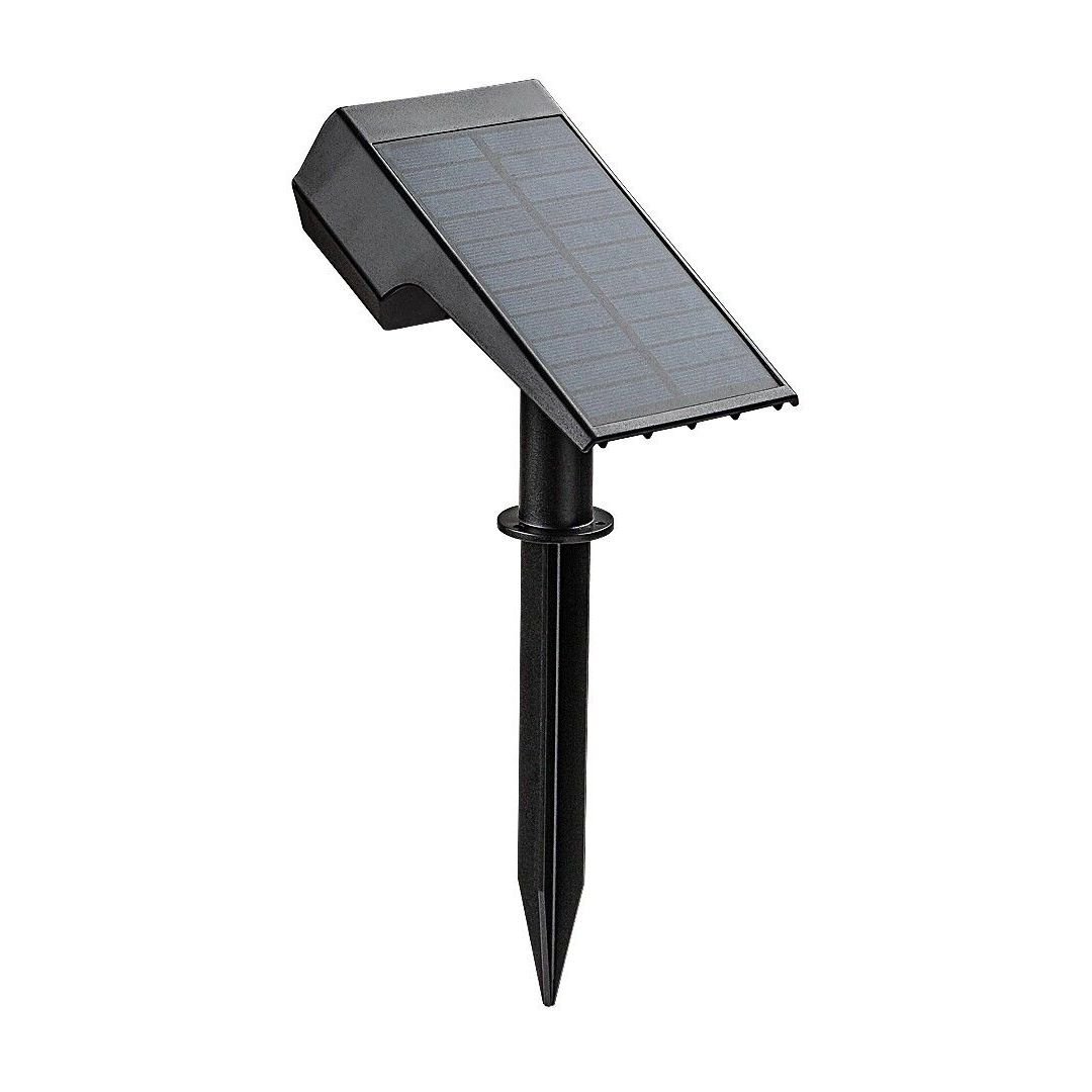 Czarny solarny reflektor dogruntowy z panelem słonecznym na górze i ostrzem do wbicia w ziemię. Produkt ma prosty, nowoczesny design.