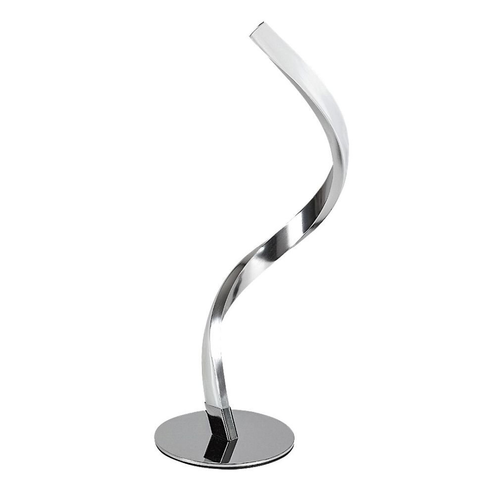 Nowoczesna lampa stołowa o chromowanej, spiralnej konstrukcji z okrągłą podstawą. Lampa ma elegancki, minimalistyczny design.