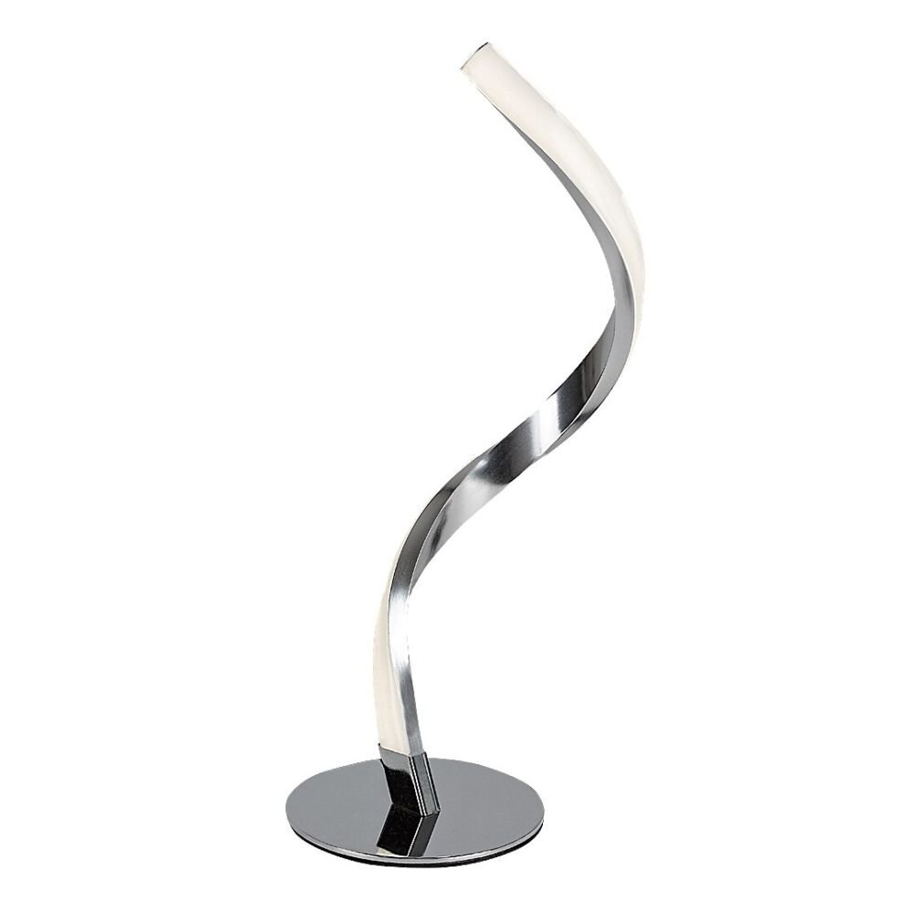Nowoczesna lampa stołowa o spiralnym kształcie, wykonana z chromowanego metalu. Posiada okrągłą podstawę i smukły, zakrzywiony korpus.