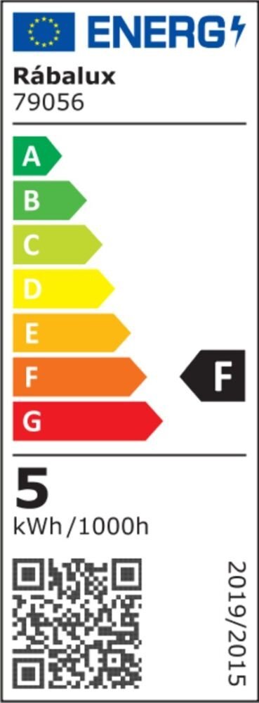 Etykieta energetyczna z logo UE i napisem \'Rábalux 79069\'. Klasa energetyczna F, zużycie 4 kWh/1000h, kod QR na dole.