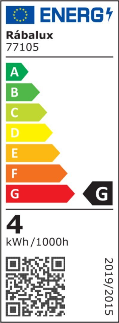 Etykieta energetyczna z logo UE i napisem \'Rábalux 79045\'. Klasa energetyczna G, zużycie energii 6 kWh/1000h, kod QR na dole.