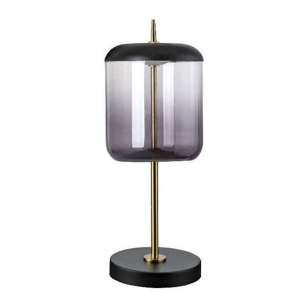 Lampa stołowa z czarną podstawą i dymnym szklanym kloszem, osadzona na złotym trzonku. Nowoczesny design, odpowiednia do biurka i sypialni.