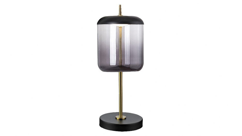 Lampa stołowa z czarną podstawą i dymnym szklanym kloszem, osadzona na złotym trzonku.