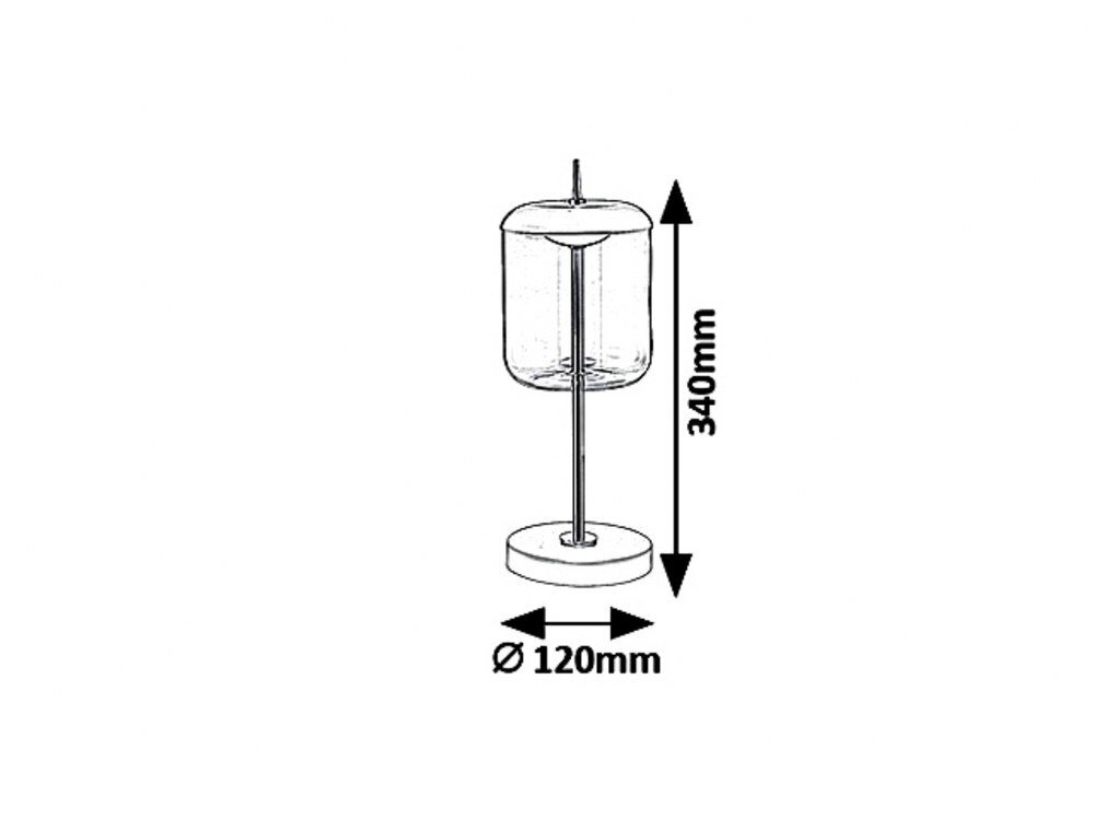 Schemat lampy stołowej z wymiarami: wysokość 340 mm, średnica podstawy 120 mm. Lampa ma cylindryczny klosz i prostą podstawę.