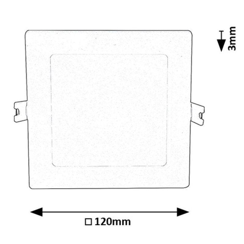 Schematyczny rysunek kwadratowej oprawy podtynkowej z wymiarami 120 mm na 120 mm i grubością 3 mm.