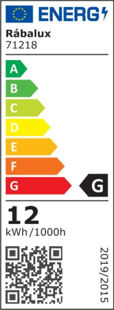 Etykieta energetyczna z logo UE, nazwą \'Rábalux\', numerem \'71218\', klasą energetyczną \'G\' oraz zużyciem energii \'12 kWh/1000h\'. Widoczny jest również kod QR i data \'2019/2015\'.