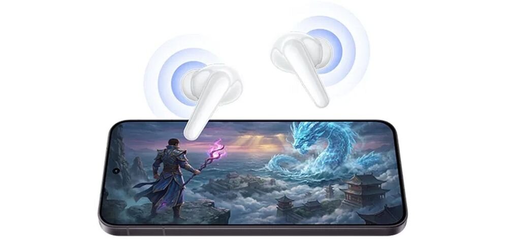 Słuchawki dokanałowe VIVO Buds Pro ANC niskie opóźnienie 42 ms tryb gaming, słuchawki wraz ze smartfonem na białym tle