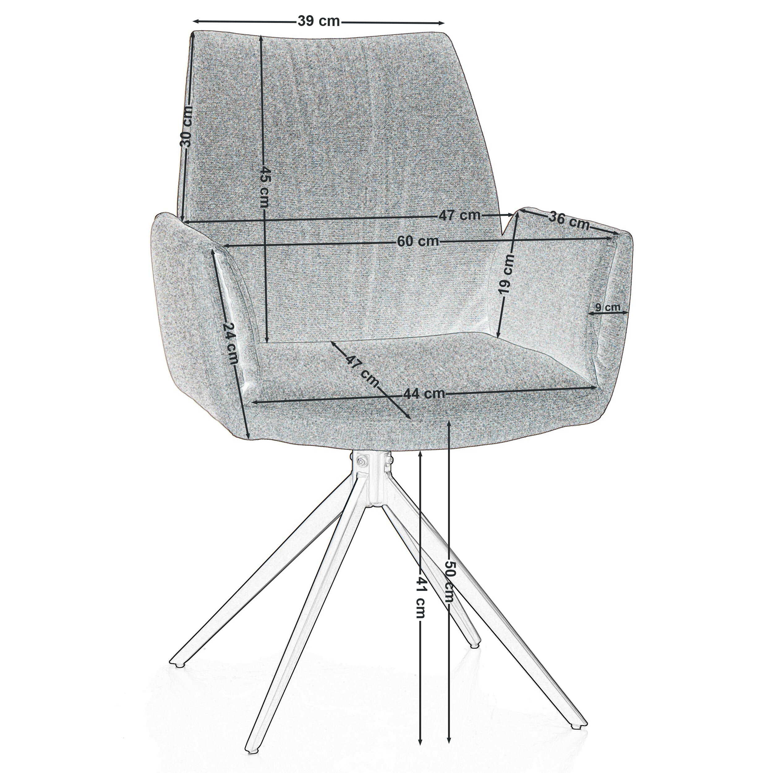 Obraz przedstawia krzesło tapicerowane tkaniną typu sawana z metalowymi nogami, z zaznaczonymi wymiarami: 39 cm, 30 cm, 45 cm, 47 cm, 60 cm, 36 cm, 19 cm, 9 cm, 24 cm, 47 cm, 44 cm, 41 cm, 50 cm. Krzesło ma nowoczesny design i jest przeznaczone do salonu lub jadalni.