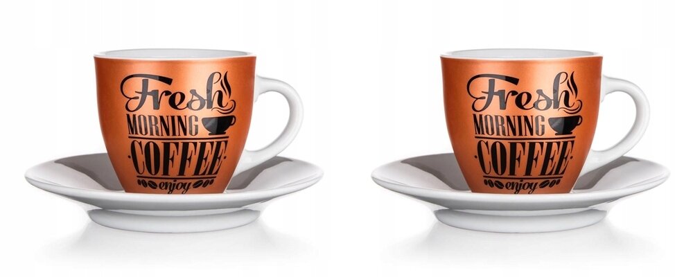 Dwie filiżanki do espresso z napisem \'Fresh Morning Coffee enjoy\' na pomarańczowym tle, każda na białym spodku.
