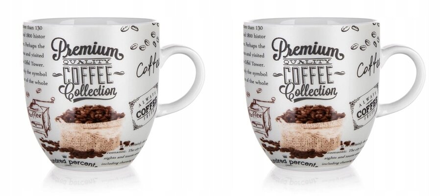 Dwie białe filiżanki z nadrukiem \'Premium Quality Coffee Collection\' oraz grafiką przedstawiającą ziarna kawy w worku. Na filiżankach widoczne są również inne napisy i motywy związane z kawą.