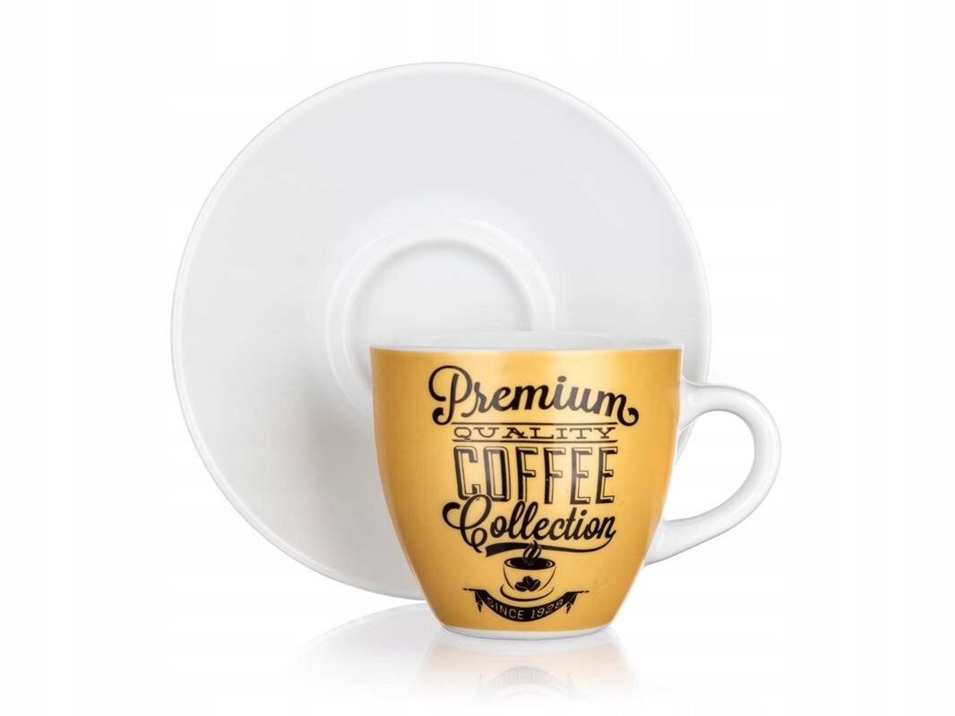 Na obrazie widoczna jest filiżanka do espresso o pojemności 90 ml z napisem \'Premium Quality Coffee Collection\' oraz białym spodkiem w tle.