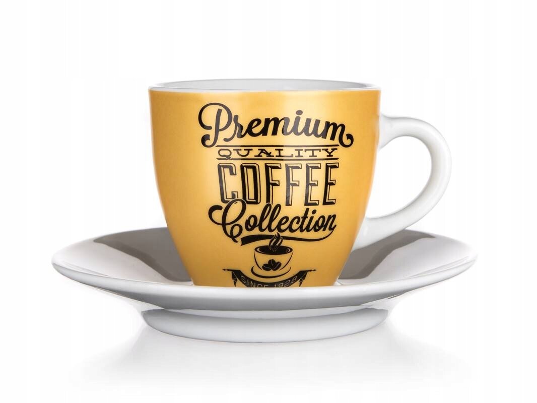 Filiżanka do kawy espresso o pojemności 90 ml z dekoracją w kolorze żółtym, z napisem \'Premium Quality Coffee Collection\'. Filiżanka stoi na białym spodku.
