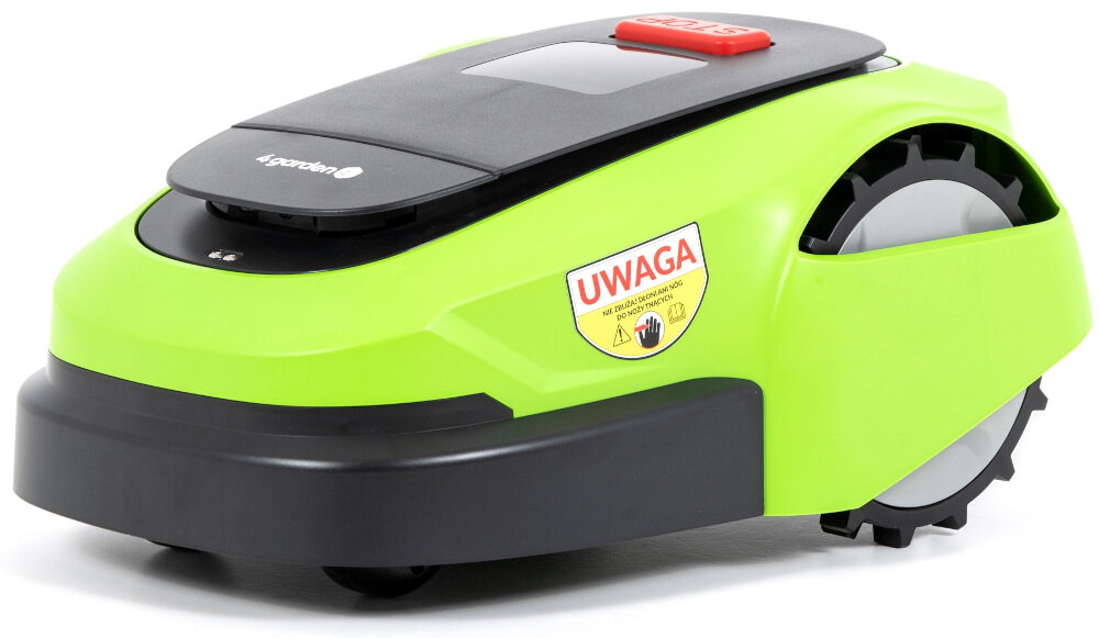 Zielony robot koszący z czarnymi elementami i czerwonym przyciskiem na górze. Na boku widoczna jest naklejka z napisem \'UWAGA\'.