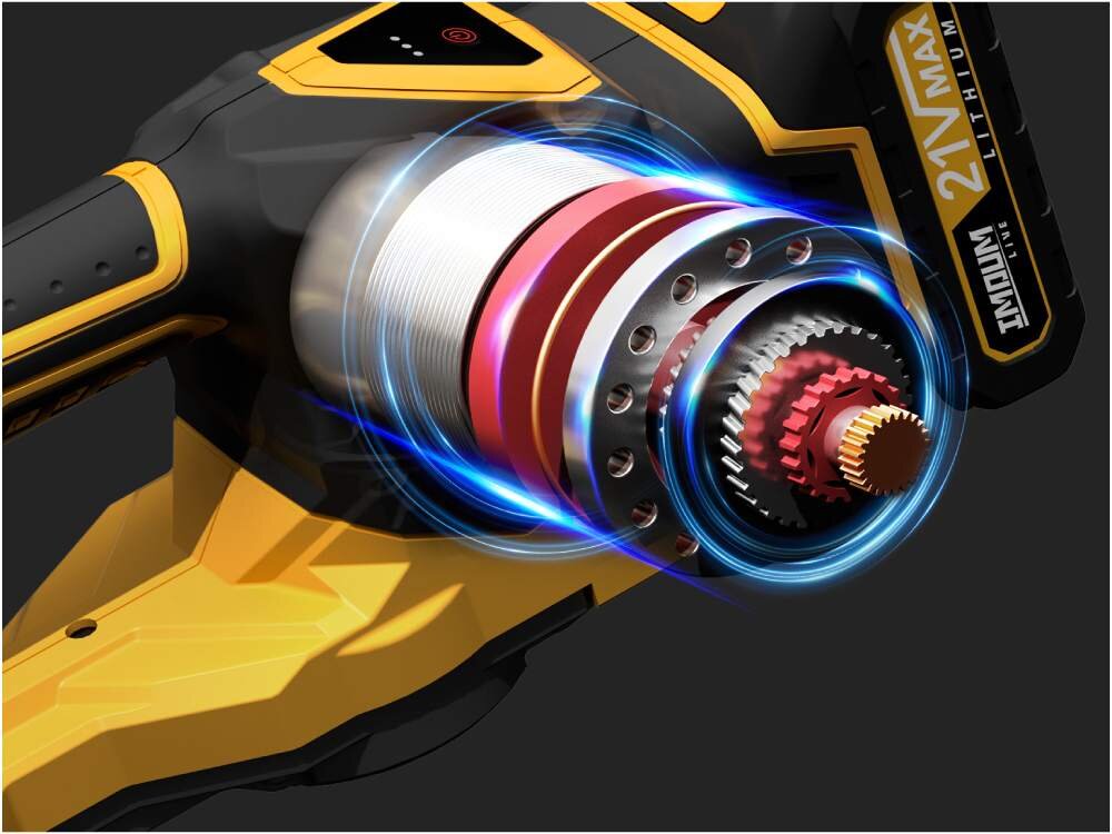 Zbliżenie na mechanizm nożyc do żywopłotu z widocznym efektem świetlnym wokół metalowych elementów. Na obudowie widoczny jest napis \'21V Max Lithium\' oraz logo \'IMOUM\'.