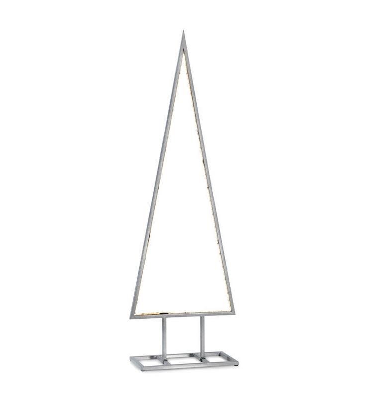 Metalowa konstrukcja w kształcie choinki z wbudowanym oświetleniem LED, umieszczona na prostokątnej podstawie. Produkt ma minimalistyczny design i jest przeznaczony do użytku wewnętrznego lub zewnętrznego.