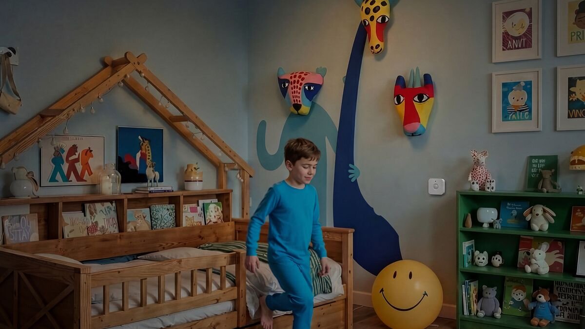 Pokój dziecięcy z drewnianym łóżkiem w kształcie domku, ozdobionym książkami i zabawkami. Na ścianie wiszą kolorowe maski zwierząt, a na podłodze znajduje się duża żółta piłka z uśmiechem.
