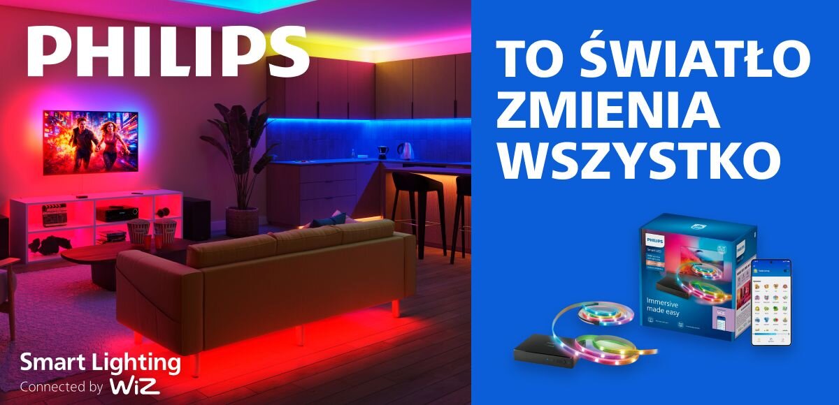 Taśma LED PHILIPS SMART HDMI 2.0 Sync Box Kit 40 - 50 929004772121 1.9 m Bluetooth/Wi-Fi, oświetlenie, dom, zestaw, światło, Kolorowe oświetlenie w salonie z aneksem.